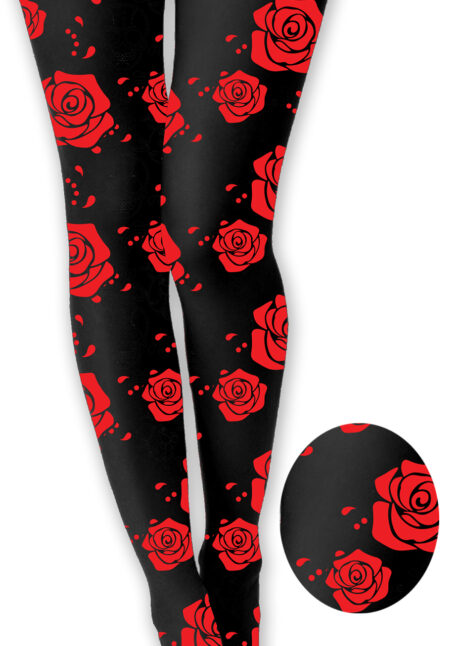 collant jour des morts, collant noir roses rouges, Collant Noir avec Roses Rouges