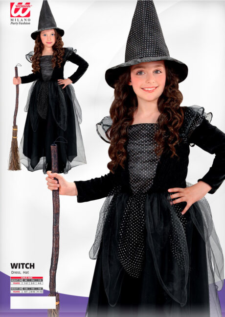 déguisement de sorcière fille Halloween, costume sorcière avec chapeau fille, Déguisement de Sorcière Felicia, Noire, avec Chapeau, Fille