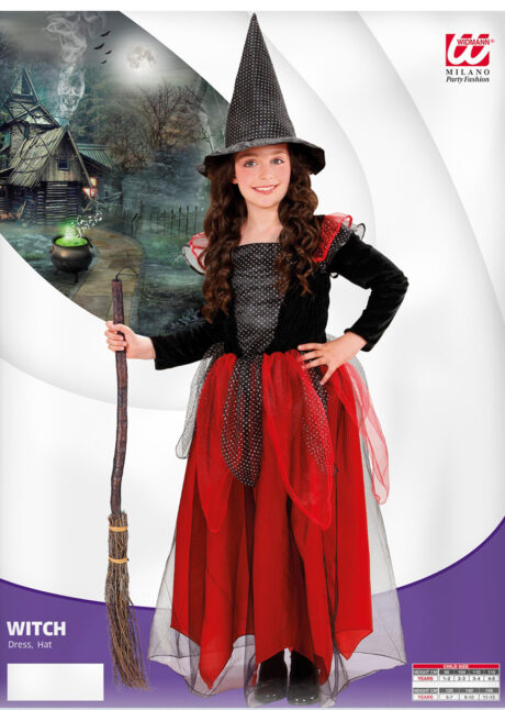 déguisement de sorcière rouge fille, costume de sorcière fille Halloween, Déguisement de Sorcière Felicia, Rouge, avec Chapeau, Fille