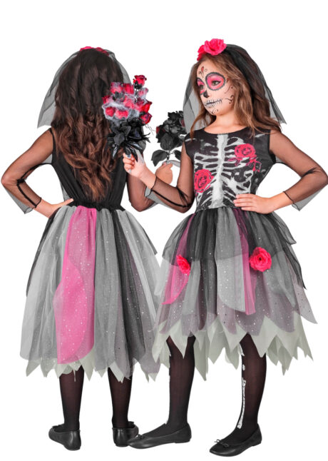 déguisement de squelette pour fille, Aux Feux de la Fête Paris, Déguisement de Squelette, Robe, Rose et Serre-Tête, Fille