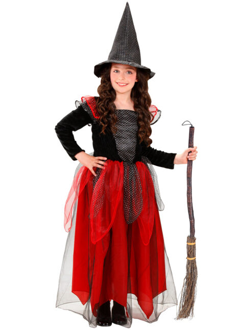 déguisement de sorcière rouge fille, costume de sorcière fille Halloween, Déguisement de Sorcière Felicia, Rouge, avec Chapeau, Fille