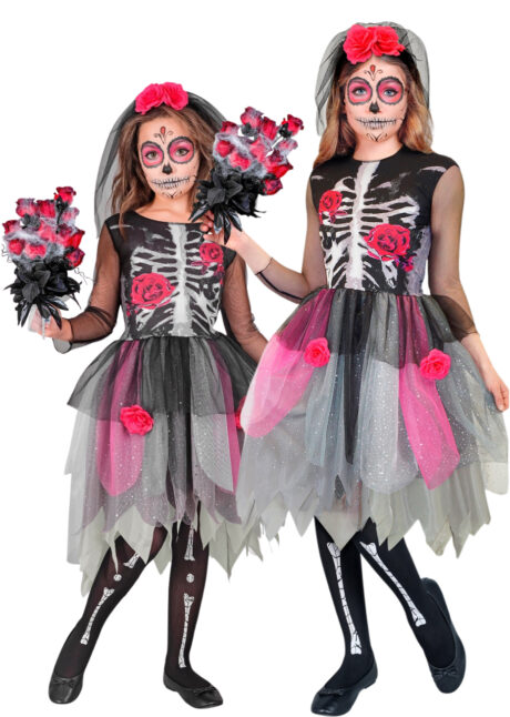 déguisement squelette jour des morts fille halloween, déguisement Halloween fille, Déguisement de Squelette, Robe, Rose et Serre-Tête, Fille