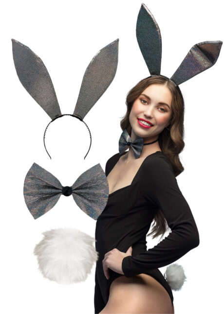 kit de lapin, kit oreilles de lapin, déguisement lapin, Kit de Lapin Paillettes, Oreilles, Noeud, Pompon, Noir