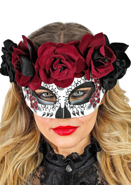 masque jour des morts, loup jour des morts avec fleurs, Masque Jour des Morts, Fleurs Noires et Rouges