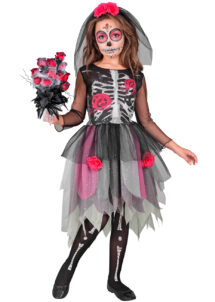 robe squelette fille, déguisement squelette fille Halloween, Déguisement de Squelette, Robe, Rose et Serre-Tête, Fille