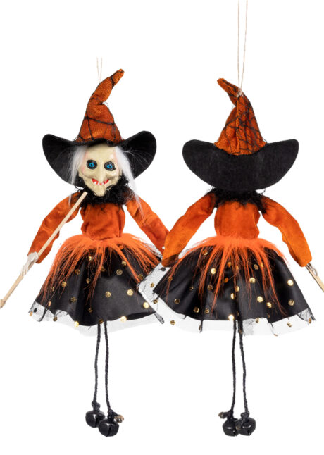 décoration sorcière Halloween, suspension sorcière orange, Petite Sorcière à Suspendre, 3 Coloris