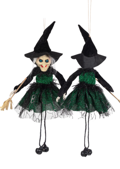 décoration sorcière Halloween, suspension sorcière verte, Petite Sorcière à Suspendre, 3 Coloris