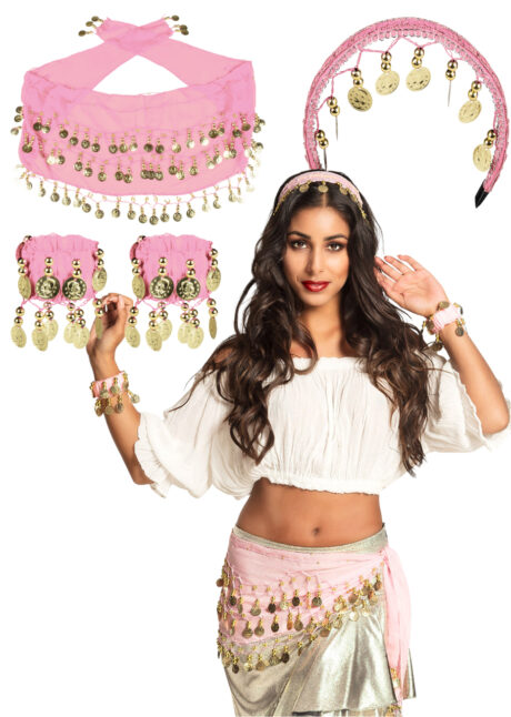 ceinture orientale rose, kit danseuse orientale déguisement, ceinture pièces oriental, Ceinture Orientale avec Accessoires, Rose