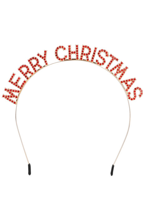 SERRE-TETE-DE-NOEL-STRASS- SERRE TETE MERRY CHRISTMAS, Serre-Tête de Noël, Métal Doré et Strass Rouges