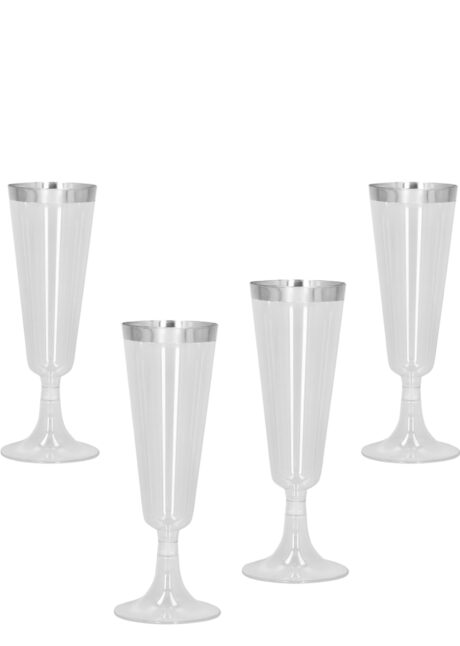 flûtes à champagne jetables, verres à champagne plastique, Verres à Champagne, Flûtes à Bordure Argent, 140 ml, x 4