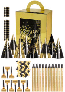 boite cotillons nouvel an, kit cotillons nouvel an, coffret cotillons nouvel an, Coffret de Cotillons Nouvel An, Or et Noir, x 10 Personnes