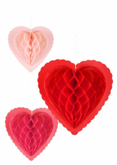 coeurs en papier à suspendre, coeurs alvéolés suspensions, coeurs en papier, 3 Coeurs Alvéolés à Suspendre