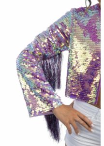 veste à franges festival, veste paillettes violettes, veste festival femme