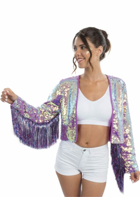 veste à franges festival, veste paillettes violettes, veste festival femme, Déguisement Disco et Festival, Veste à Sequins Holographiques à Frange