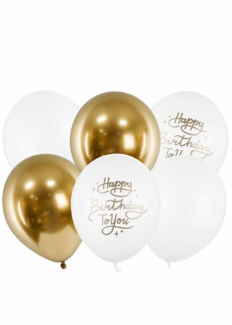 ballons anniversaire blancs et or, ballons joyeux anniversaire latex, ballons hélium anniversaire, Ballons Latex Happy Birthday Blanc et Or 30 cm