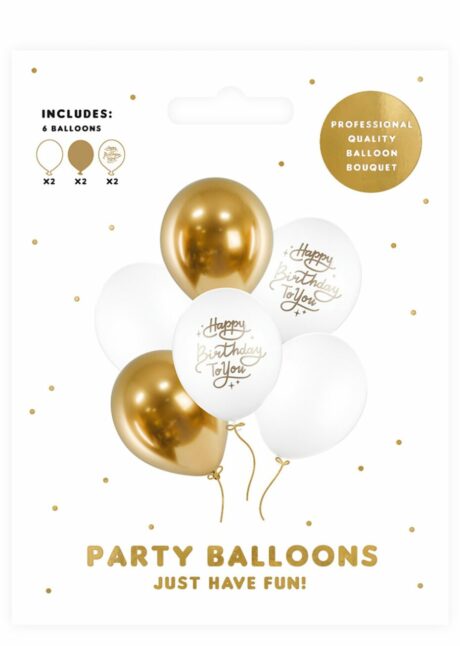 ballons anniversaire blancs et or, ballons joyeux anniversaire latex, ballons hélium anniversaire, Ballons Latex Happy Birthday Blanc et Or 30 cm
