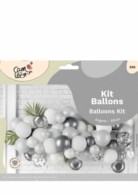 arche ballons argent, guirlande de ballons argent, kit ballons blancs et argent, Guirlande de Ballons Blancs et Argent