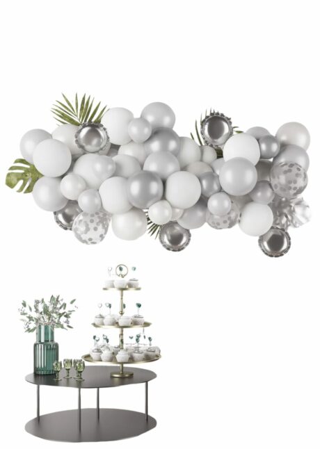 arche ballons argent, guirlande de ballons argent, kit ballons blancs et argent, Guirlande de Ballons Blancs et Argent