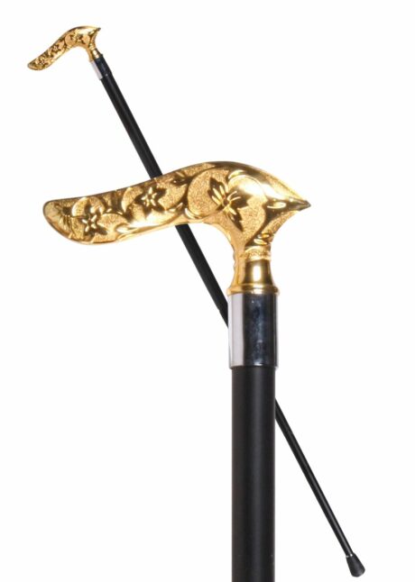 canne déguisement métal doré, canne déguisement pommeau long doré, canne déguisement luxe, Canne de Déguisement Luxe en Métal, Poignée Dorée Gravée