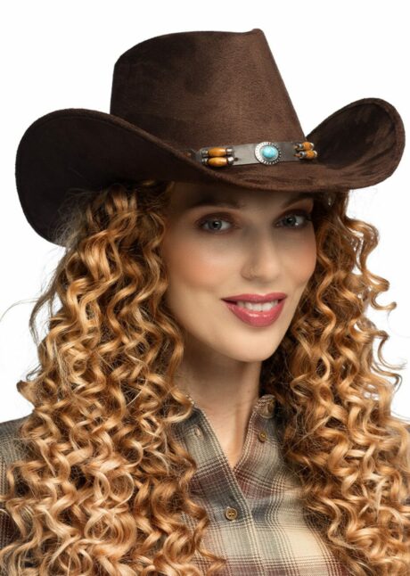 chapeau de cowboy marron suédine, chapeau de cowboy Paris, Chapeau de Cowboy Marron en Suédine, Pierre Turquoise