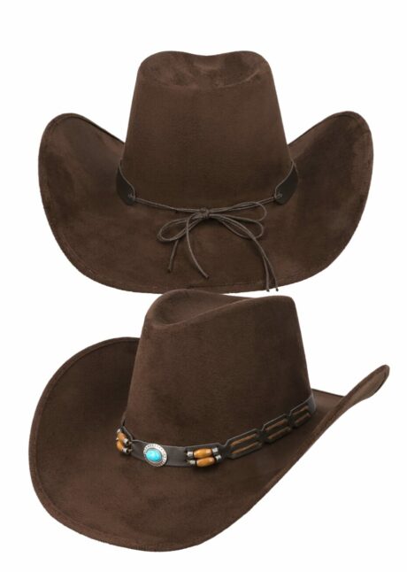 CHAPEAU COWBOY SUEDINE, CHAPEAU COWBOY HOMME, CHAPEAU COWBOY FEMME, Chapeau de Cowboy Marron en Suédine, Pierre Turquoise