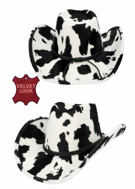 chapeau de cowboy motif vache, chapeau cowboy vachette, Chapeau de Cowboy Motif Vache Noir et Blanc, en Velours