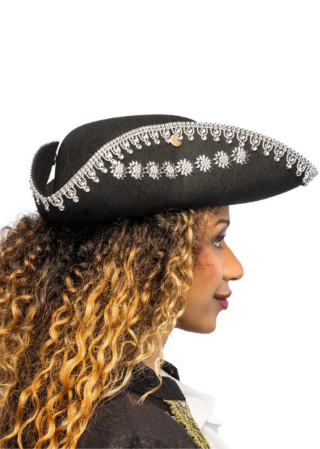 chapeau tricorne pirate femme, chapeau tricorne femme, Tricorne de Pirate Noir à Galons Argent, Séraphine