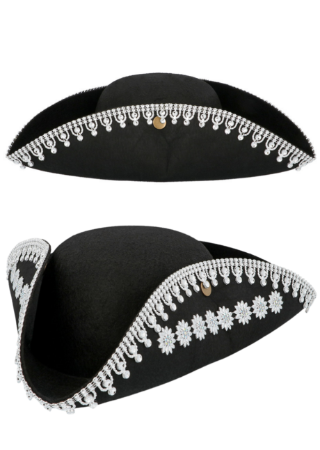 tricorne pirate femme, chapeau tricorne femme, Tricorne de Pirate Noir à Galons Argent, Séraphine