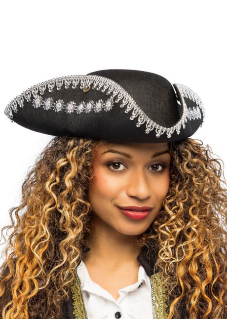 tricorne pirate femme, chapeau tricorne femme, Tricorne de Pirate Noir à Galons Argent, Séraphine