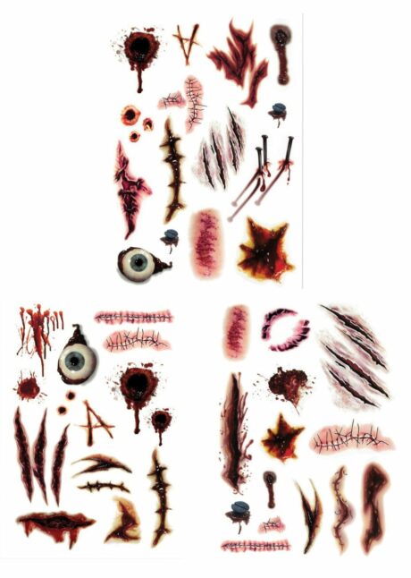 fausses blessures, faux tatouages blessures, fausses blessures Halloween, fausses cicatrices Halloween, Faux Tatouages Blessures Réalistes – Assortiment