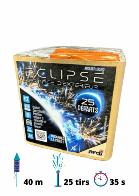 feu d'artifice Eclipse, feu d'artifice automatique, boite de feu d'artifice, Feu d&rsquo;Artifice Bleu Eclipse – Pivoine Bleue, 25 Coups, 40 m