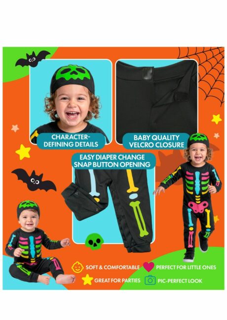 déguisement bébé Halloween, déguisement squelette bébé, costume bébé Halloween, Déguisement de Squelette Coloré Bébé, Combinaison et Bonnet