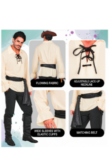 chemise de pirate pour homme, chemise pirate homme, chemise et ceinture pirate