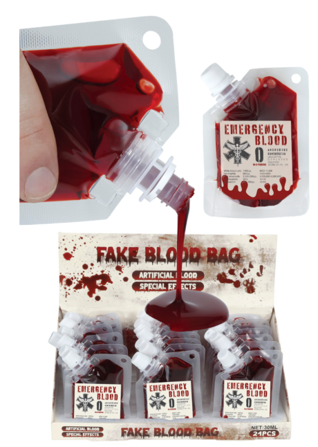 faux sang maquillage halloween, faux sang blessures, faux sang cosmétique, Faux Sang en Poche de Transfusion, Emergency Blood, 30 ml