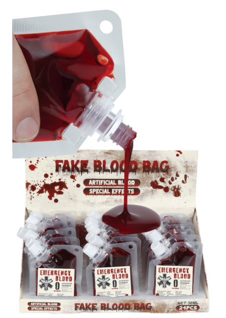 faux sang maquillage halloween, faux sang blessures, faux sang cosmétique, Faux Sang en Poche de Transfusion, Emergency Blood, 30 ml