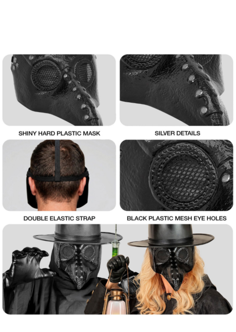 masque docteur de la peste, masque peste, Masque de Médecin de la Peste Noir et Rivets Argent
