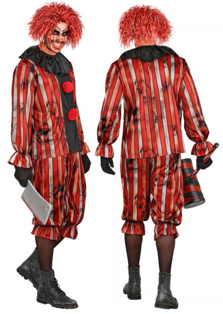 déguisement clown maléfique homme, costume clown tueur homme, Déguisement Clown Maléfique, Rayures Rouges et Collerette Noire