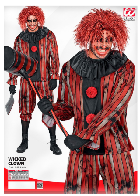 déguisement clown maléfique homme, costume clown tueur homme, Déguisement Clown Maléfique, Rayures Rouges et Collerette Noire