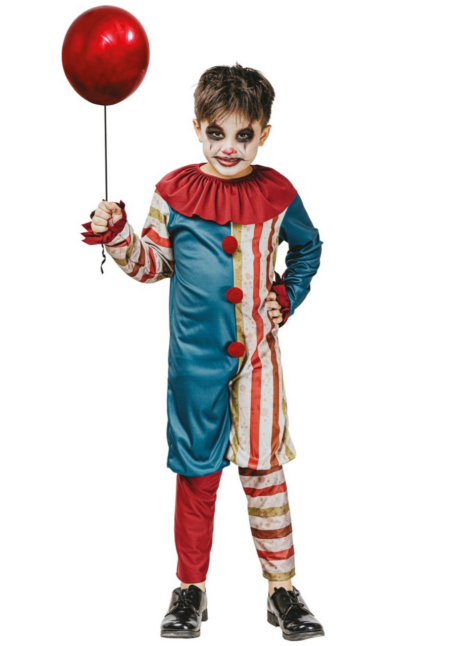 déguisement clown tueur garçon, déguisement clown halloween garçon, Déguisement de Clown Halloween Bleu et Rayé, Collerette Rouge, Garçon