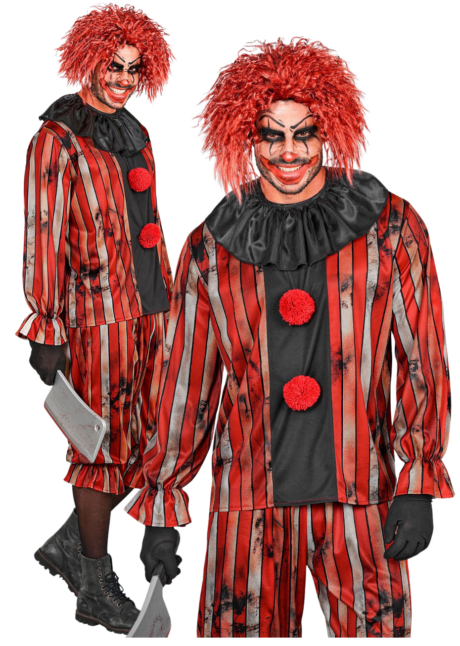 déguisement clown maléfique homme, costume clown tueur homme, Déguisement Clown Maléfique, Rayures Rouges et Collerette Noire