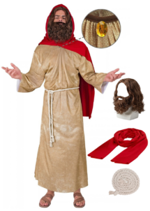 déguisement Jésus, déguisement messie, costume de jesus, Déguisement de Jésus avec Perruque et Barbe, Tunique et Châle Rouge