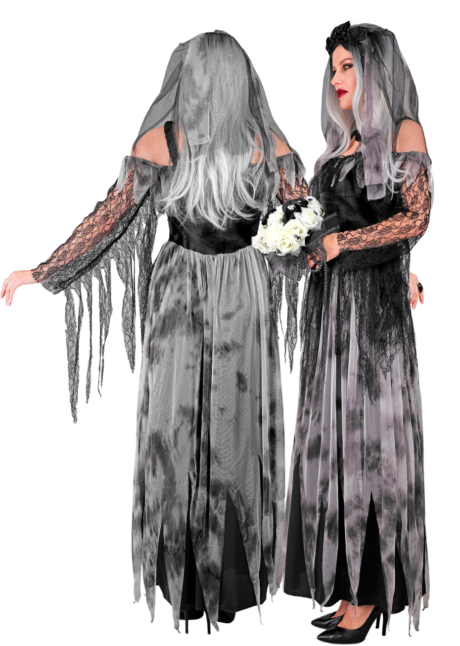 déguisement mariée gothique femme, costume mariée Halloween, déguisement mariée Halloween femme, Déguisement Mariée Gothique, Robe Noire et Grise, Voile à Roses