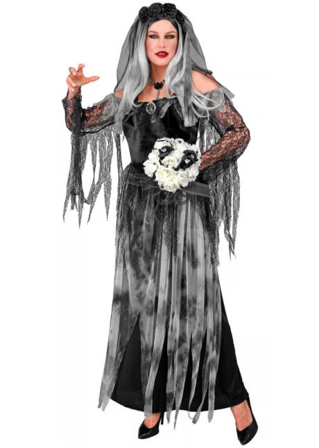 déguisement mariée gothique femme, costume mariée Halloween, déguisement mariée Halloween femme, Déguisement Mariée Gothique, Robe Noire et Grise, Voile à Roses