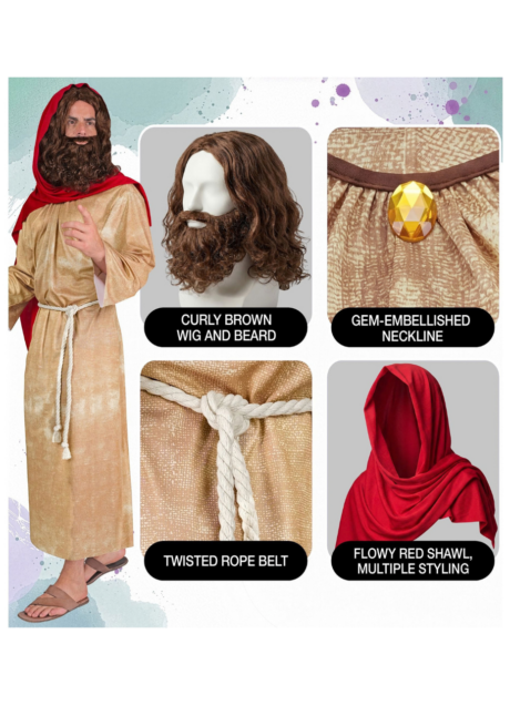 déguisement Jésus, déguisement messie, détails déguisement jesus, Déguisement de Jésus avec Perruque et Barbe, Tunique et Châle Rouge