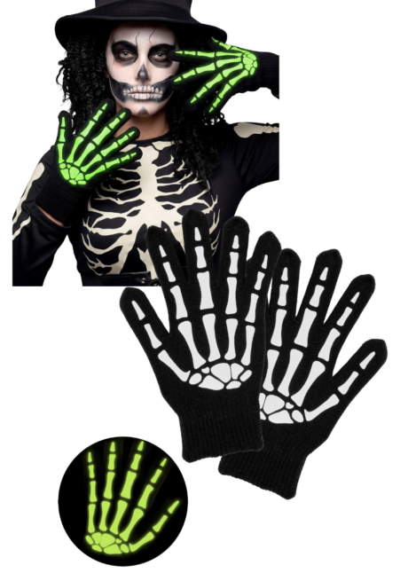 gants squelette phosphorescents, gants squelette adulte, gants squelette halloween, Gants de Squelette Phosphorescents, Os Imprimés