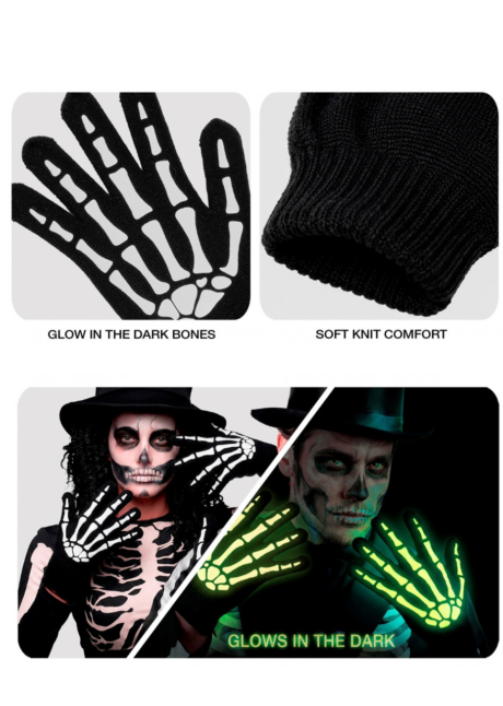 gants squelette phosphorescents, gants squelette adulte, gants squelette halloween, Gants de Squelette Phosphorescents, Os Imprimés